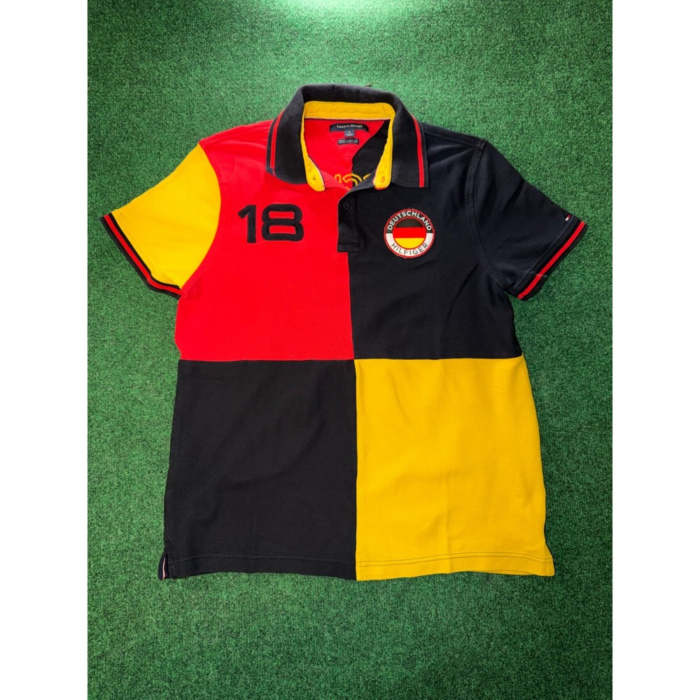 Tommy Hilfiger Deutschland Germany Polo Shirt Mens Medium Colorblock Red Black